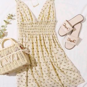 Frill Trim Shirred Waist Ditsy Floral Dress